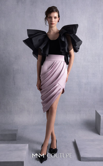 MNM Couture GOS2503 Old rose satin high-low skirt with asymmetrical hemline and black organza ruffle top with deep scoop back, ideal for chic occasions. | Couture Shop LA