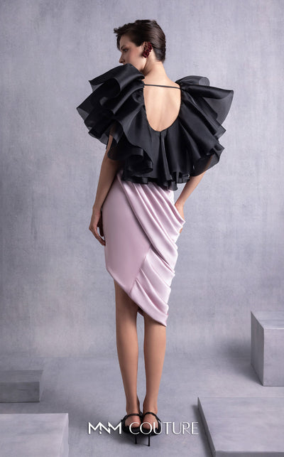 MNM Couture GOS2503 Old rose satin high-low skirt with asymmetrical hemline and black organza ruffle top with deep scoop back, ideal for chic occasions. | Couture Shop LA