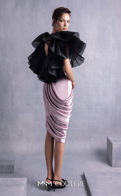 MNM Couture GOS2503 Old rose satin high-low skirt with asymmetrical hemline and black organza ruffle top with deep scoop back, ideal for chic occasions. | Couture Shop LA