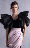 MNM Couture GOS2503 Old rose satin high-low skirt with asymmetrical hemline and black organza ruffle top with deep scoop back, ideal for chic occasions. | Couture Shop LA