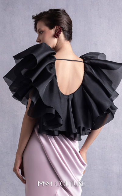 MNM Couture GOS2503 Old rose satin high-low skirt with asymmetrical hemline and black organza ruffle top with deep scoop back, ideal for chic occasions. | Couture Shop LA