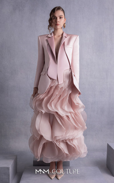 MNM Couture GOS2504 Cascading pink organza skirt with flowing ruffles and tailored pink razmir jacket with wave-inspired back detailing. | Couture Shop LA