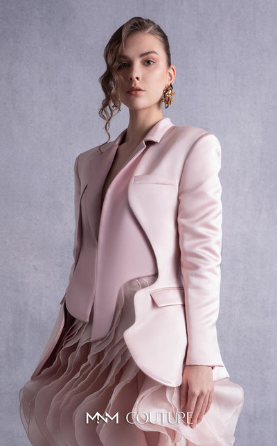 MNM Couture GOS2504 Cascading pink organza skirt with flowing ruffles and tailored pink razmir jacket with wave-inspired back detailing. | Couture Shop LA