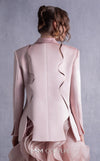 MNM Couture GOS2504 Cascading pink organza skirt with flowing ruffles and tailored pink razmir jacket with wave-inspired back detailing. | Couture Shop LA