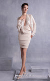 MNM Couture GOS2505 Sleek fitted crepe skirt with modern pleating and shimmering crepe georgette batwing top with voluminous sleeves. | Couture Shop LA
