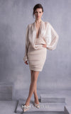 MNM Couture GOS2505 Sleek fitted crepe skirt with modern pleating and shimmering crepe georgette batwing top with voluminous sleeves. | Couture Shop LA