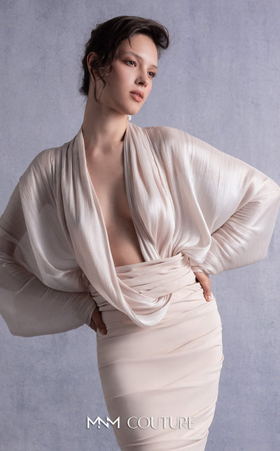 MNM Couture GOS2505 Sleek fitted crepe skirt with modern pleating and shimmering crepe georgette batwing top with voluminous sleeves. | Couture Shop LA