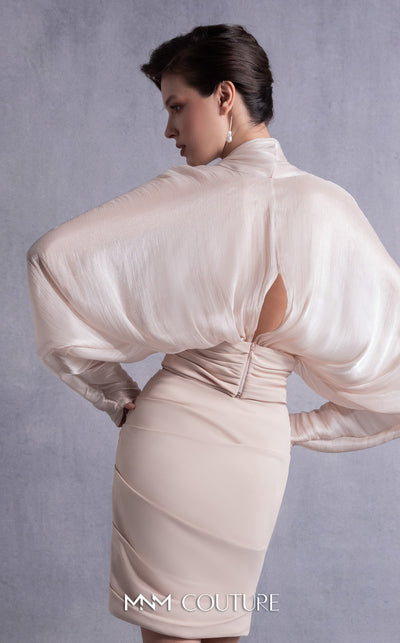 MNM Couture GOS2505 Sleek fitted crepe skirt with modern pleating and shimmering crepe georgette batwing top with voluminous sleeves. | Couture Shop LA