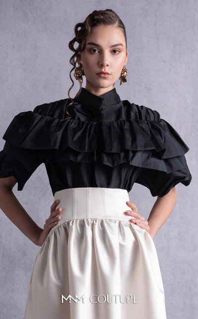 MNM Couture GOS2506 High-waisted gold champagne razmir skirt with gathered details and black taffeta top with cascading ruffles and a structured neckline. | Couture Shop LA