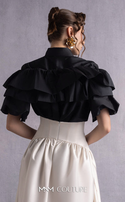 MNM Couture GOS2506 High-waisted gold champagne razmir skirt with gathered details and black taffeta top with cascading ruffles and a structured neckline. | Couture Shop LA