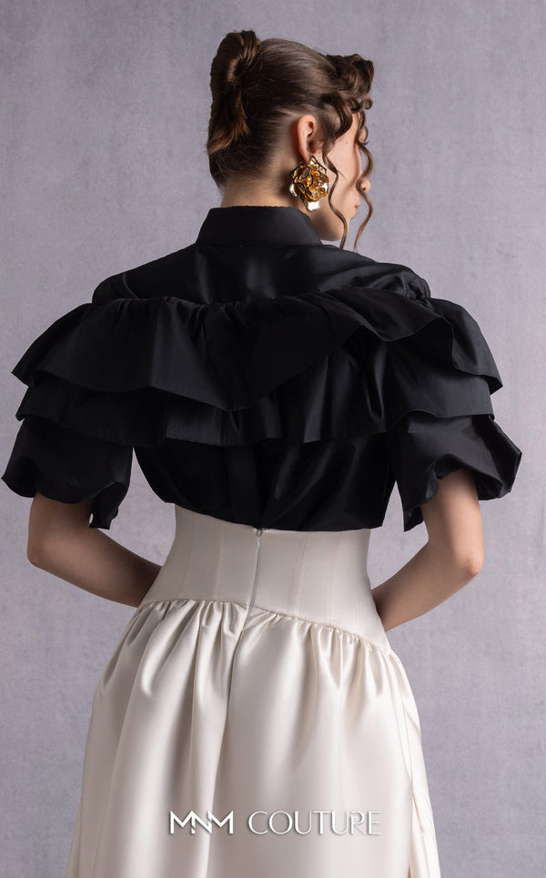 MNM Couture GOS2506 High-waisted gold champagne razmir skirt with gathered details and black taffeta top with cascading ruffles and a structured neckline. | Couture Shop LA