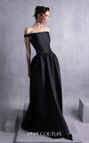 MNM Couture GOS2507 Black mikado piqué dress with thin off-shoulder neckline and flared full-length skirt, perfect for formal occasions. | Couture Shop LA