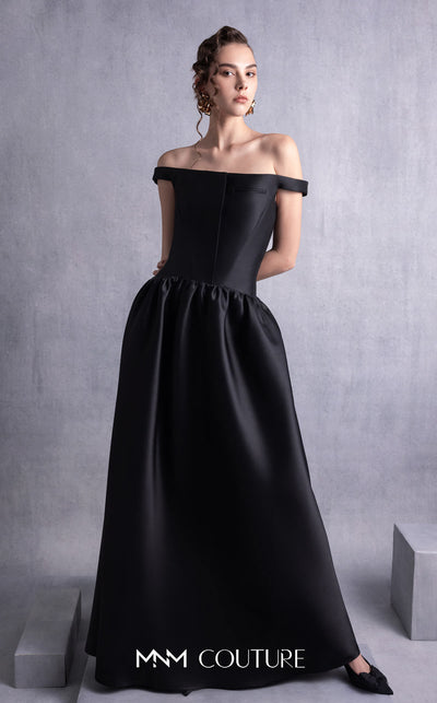 MNM Couture GOS2507 Black mikado piqu� dress with thin off-shoulder neckline and flared full-length skirt, perfect for formal occasions. | Couture Shop LA