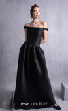 MNM Couture GOS2507 Black mikado piqué dress with thin off-shoulder neckline and flared full-length skirt, perfect for formal occasions. | Couture Shop LA