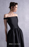 MNM Couture GOS2507 Black mikado piqué dress with thin off-shoulder neckline and flared full-length skirt, perfect for formal occasions. | Couture Shop LA