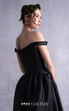 MNM Couture GOS2507 Black mikado piqué dress with thin off-shoulder neckline and flared full-length skirt, perfect for formal occasions. | Couture Shop LA
