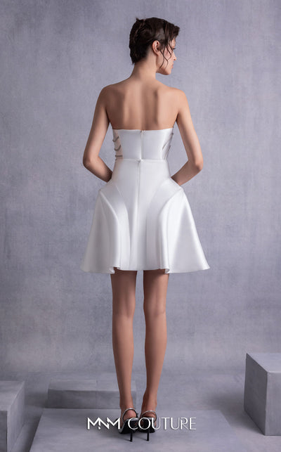 MNM Couture GOS2508 Flared off-white piqué skirt with structured design and strapless piqué corset top with crystal trims, ideal for weddings or formal occasions. | Couture Shop LA