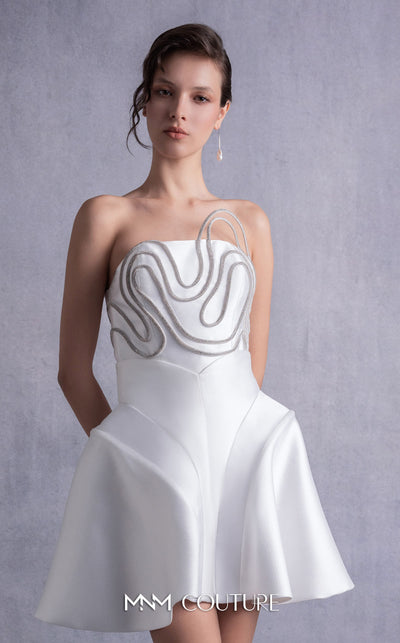 MNM Couture GOS2508 Flared off-white piqu� skirt with structured design and strapless piqu� corset top with crystal trims, ideal for weddings or formal occasions. | Couture Shop LA