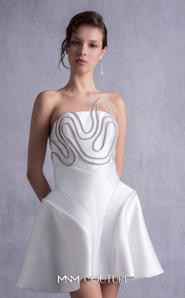 MNM Couture GOS2508 Flared off-white piqué skirt with structured design and strapless piqué corset top with crystal trims, ideal for weddings or formal occasions. | Couture Shop LA