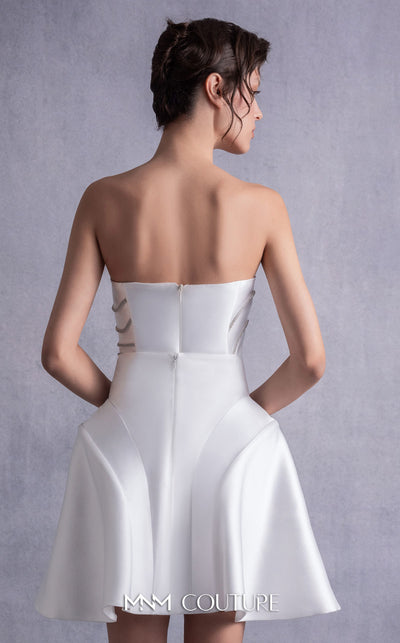 MNM Couture GOS2508 Flared off-white piqué skirt with structured design and strapless piqué corset top with crystal trims, ideal for weddings or formal occasions. | Couture Shop LA