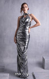 MNM Couture GOS2509 Silver metallic halter neck gown with ruched detailing and open back, perfect for red-carpet events or glamorous evenings. | Couture Shop LA