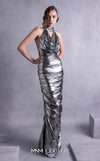 MNM Couture GOS2509 Silver metallic halter neck gown with ruched detailing and open back, perfect for red-carpet events or glamorous evenings. | Couture Shop LA