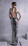 MNM Couture GOS2509 Silver metallic halter neck gown with ruched detailing and open back, perfect for red-carpet events or glamorous evenings. | Couture Shop LA