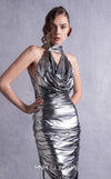 MNM Couture GOS2509 Silver metallic halter neck gown with ruched detailing and open back, perfect for red-carpet events or glamorous evenings. | Couture Shop LA