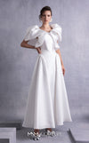 MNM Couture GOS2510 High-waisted off-white piqué midi skirt with flared silhouette and crystal-dotted jersey body with petal-like organza shoulders. | Couture Shop LA
