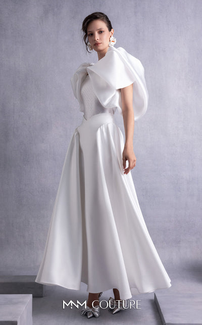 MNM Couture GOS2510 High-waisted off-white piqu� midi skirt with flared silhouette and crystal-dotted jersey body with petal-like organza shoulders. | Couture Shop LA