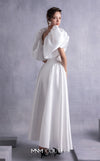 MNM Couture GOS2510 High-waisted off-white piqué midi skirt with flared silhouette and crystal-dotted jersey body with petal-like organza shoulders. | Couture Shop LA