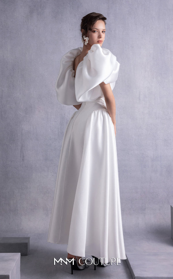 MNM Couture GOS2510 High-waisted off-white piqué midi skirt with flared silhouette and crystal-dotted jersey body with petal-like organza shoulders. | Couture Shop LA