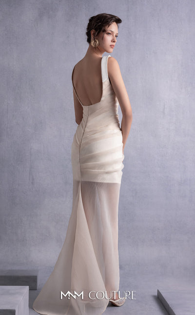 MNM Couture GOS2511 Off-white crepe dress with taupe crinkled organza overlay, featuring a sleek silhouette and romantic draping. | Couture Shop LA