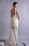 MNM Couture GOS2511 Off-white crepe dress with taupe crinkled organza overlay, featuring a sleek silhouette and romantic draping. | Couture Shop LA