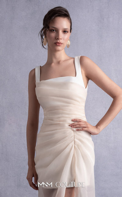 MNM Couture GOS2511 Off-white crepe dress with taupe crinkled organza overlay, featuring a sleek silhouette and romantic draping. | Couture Shop LA