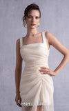 MNM Couture GOS2511 Off-white crepe dress with taupe crinkled organza overlay, featuring a sleek silhouette and romantic draping. | Couture Shop LA