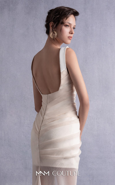 MNM Couture GOS2511 Off-white crepe dress with taupe crinkled organza overlay, featuring a sleek silhouette and romantic draping. | Couture Shop LA