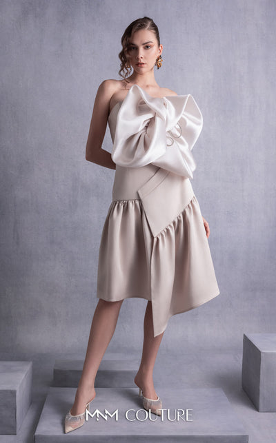 MNM Couture GOS2512 Gold champagne piqu� dress with sculptural organza bust manipulation, crystal embellishments, and asymmetrical skirt. | Couture Shop LA