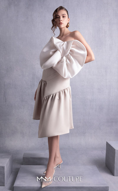 MNM Couture GOS2512 Gold champagne piqu� dress with sculptural organza bust manipulation, crystal embellishments, and asymmetrical skirt. | Couture Shop LA