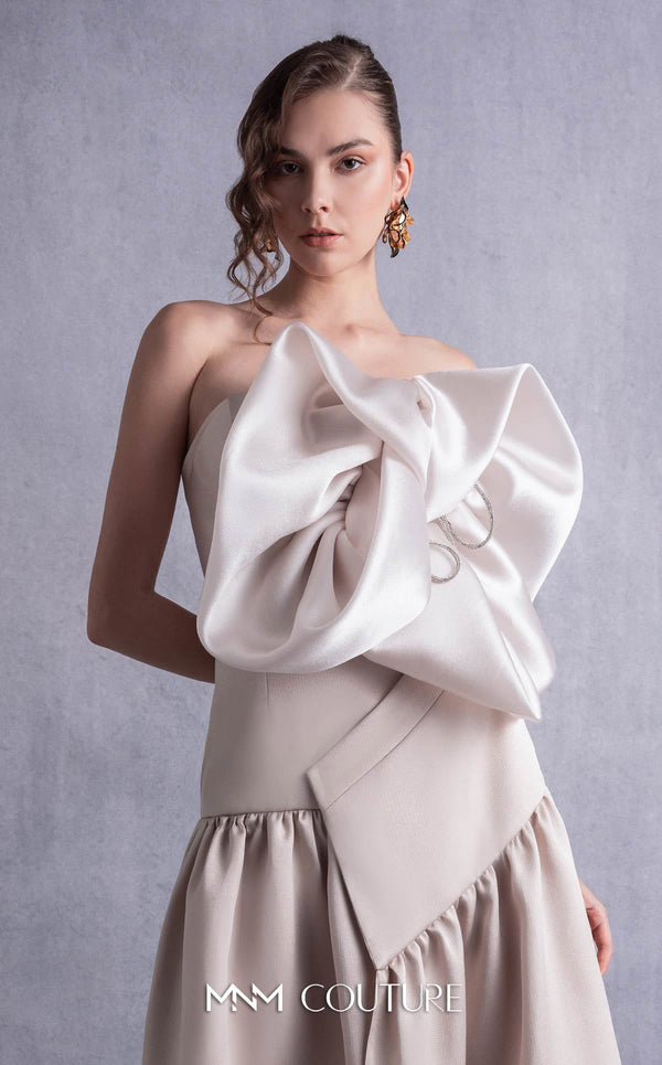 MNM Couture GOS2512 Gold champagne piqué dress with sculptural organza bust manipulation, crystal embellishments, and asymmetrical skirt. | Couture Shop LA
