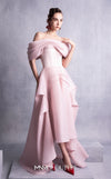 MNM Couture GOS2513 Pink organza dress with off-shoulder neckline, corset-style bodice, and cascading layered high-low skirt. | Couture Shop LA