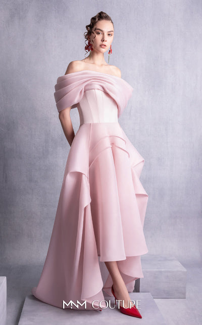 MNM Couture GOS2513 Pink organza dress with off-shoulder neckline, corset-style bodice, and cascading layered high-low skirt. | Couture Shop LA