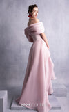 MNM Couture GOS2513 Pink organza dress with off-shoulder neckline, corset-style bodice, and cascading layered high-low skirt. | Couture Shop LA