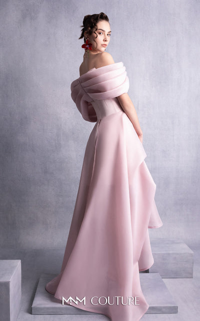MNM Couture GOS2513 Pink organza dress with off-shoulder neckline, corset-style bodice, and cascading layered high-low skirt. | Couture Shop LA