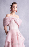 MNM Couture GOS2513 Pink organza dress with off-shoulder neckline, corset-style bodice, and cascading layered high-low skirt. | Couture Shop LA
