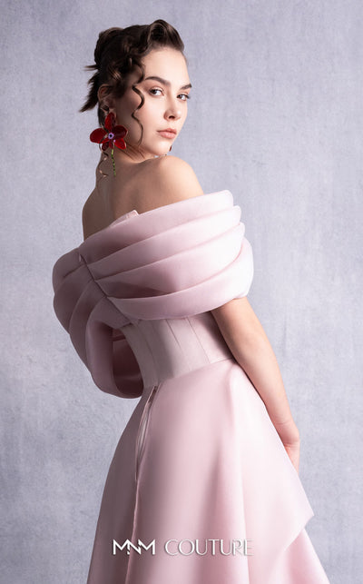 MNM Couture GOS2513 Pink organza dress with off-shoulder neckline, corset-style bodice, and cascading layered high-low skirt. | Couture Shop LA
