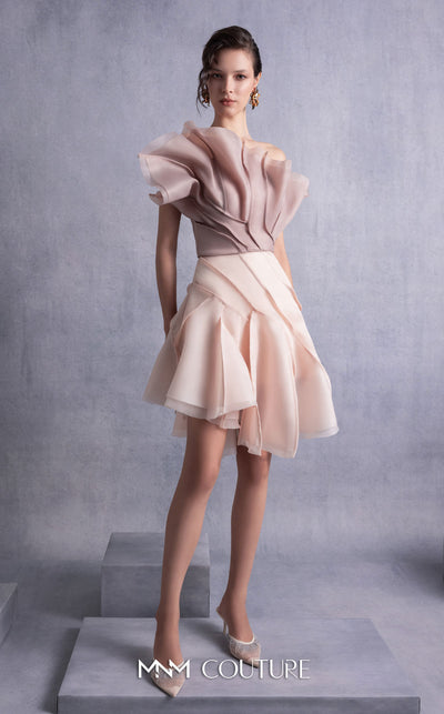 MNM Couture GOS2514 Nude flared organza skirt with layered detailing and coffee-toned organza top with sculptural ruffles and asymmetrical design. | Couture Shop LA