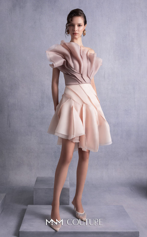 MNM Couture GOS2514 Nude flared organza skirt with layered detailing and coffee-toned organza top with sculptural ruffles and asymmetrical design. | Couture Shop LA