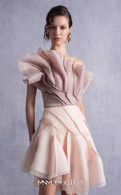 MNM Couture GOS2514 Nude flared organza skirt with layered detailing and coffee-toned organza top with sculptural ruffles and asymmetrical design. | Couture Shop LA