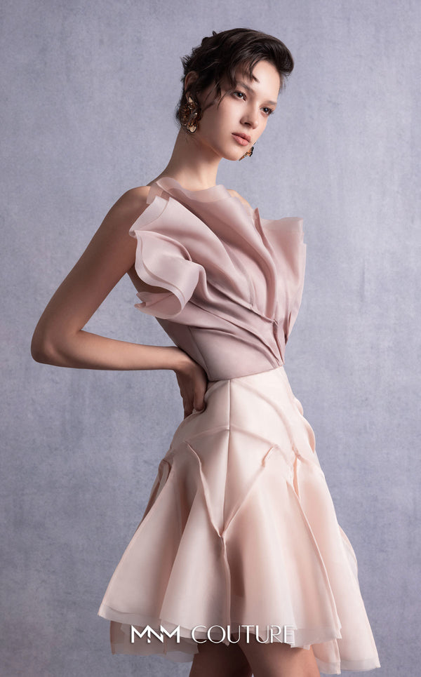 MNM Couture GOS2514 Nude flared organza skirt with layered detailing and coffee-toned organza top with sculptural ruffles and asymmetrical design. | Couture Shop LA